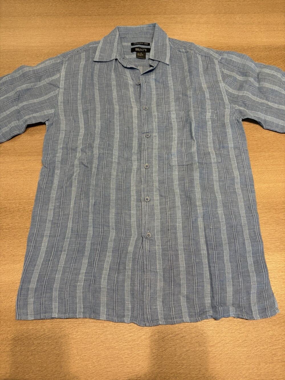 BRUNO Men's Blue Striped 100% Linen Woven Button-Up Point Collar Shirt Size S